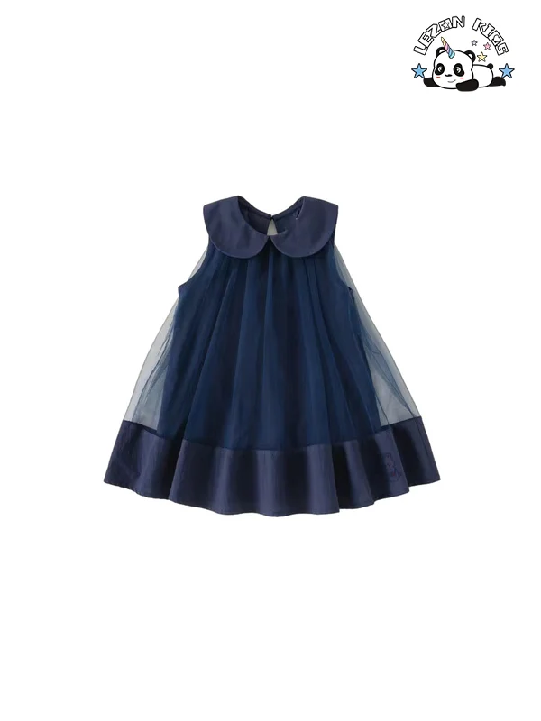 LEZONKIDS - Novos Tendências de atacado vestidos de meninas doces sem manga com renda e tule macio e botão pequeno